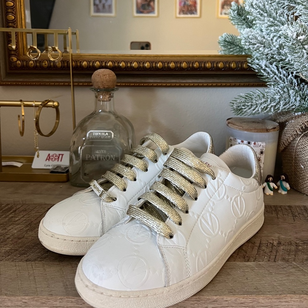 Valentino White Sneakers with Gold Accents